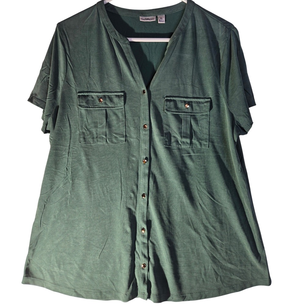 Croft & Barrow Women XL Olive Green Short Sleeve Button Down Utility Shirt
